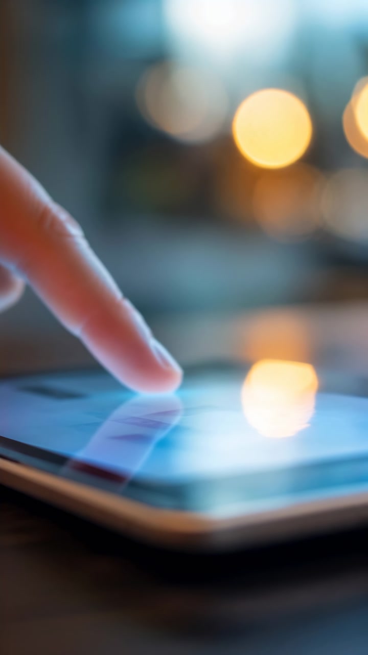Index fingertip makes deliberate light tap on illuminated touchscreen, pad compressing slightly while bright blue-white glow spreads across glossy glass and warm bokeh softens background