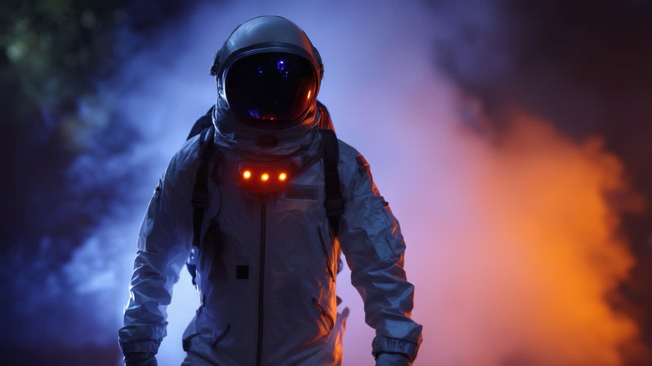 En astronaut træder frem fra en tåget baggrund, oplyst af kontrasterende blå og orange lys, der symboliserer udforskning og rummets mysterier.