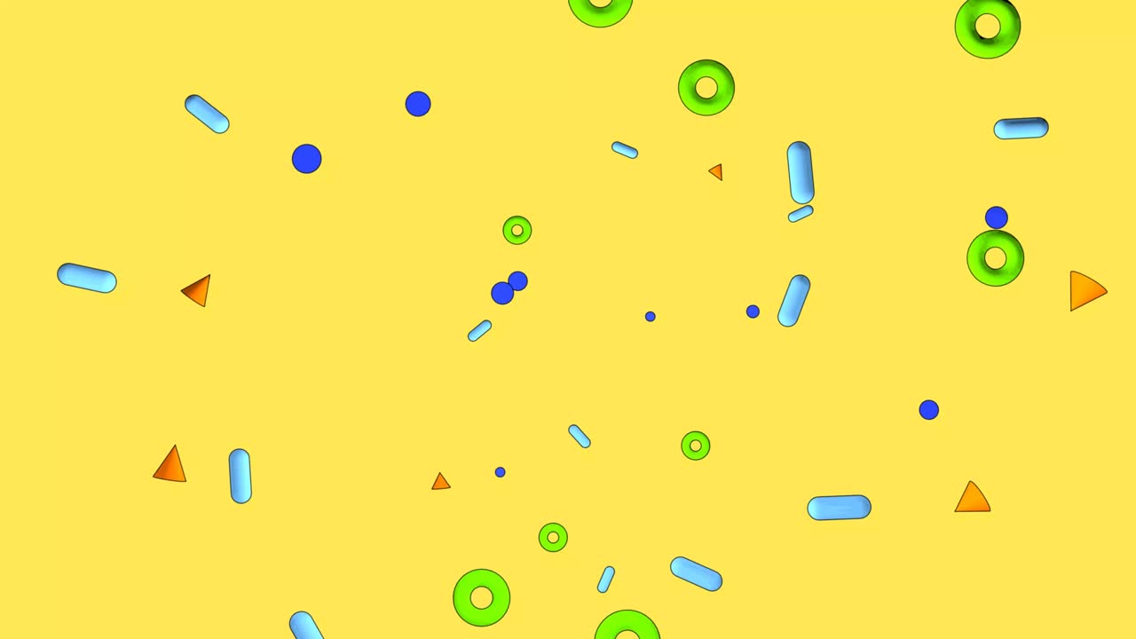 3D animation in the style of the 90s. Bright colorful background, intro. Small multi-colored figures on a yellow background, camera movement.