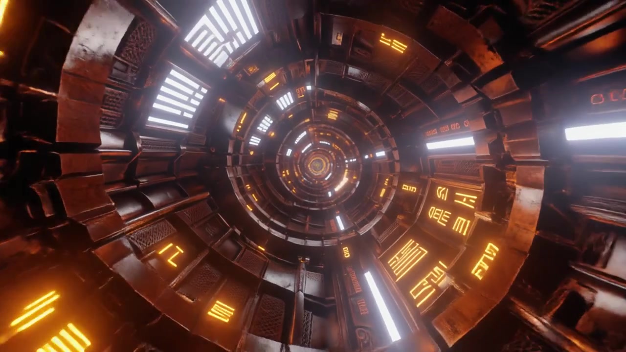 Futuristic Sci-Fi Tunnel with Glowing Orange Lights and Metallic Textures