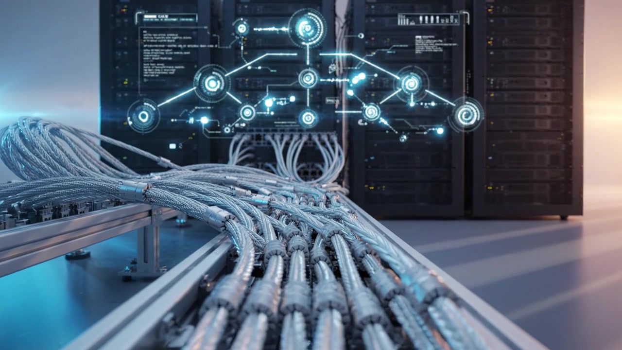 Advanced Data Center Infrastructure with Complex Cabling Systems and Dynamic Network Visualization, Showcasing Cutting-Edge Server Management Technology