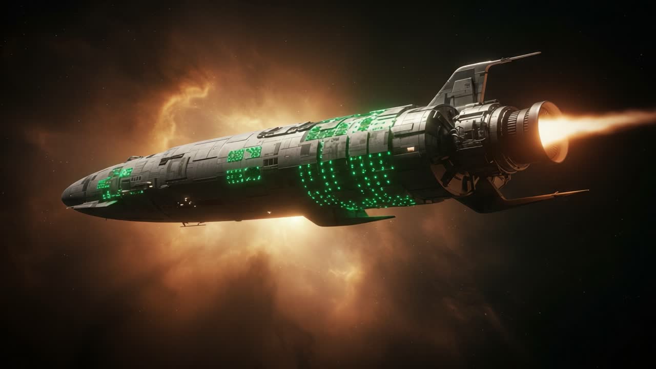 A Futuristic Spacecraft Navigating Through Cosmic Nebulae Emitting Brilliant Flames and Illuminated Designs, Exploring Uncharted Territories in the Universe