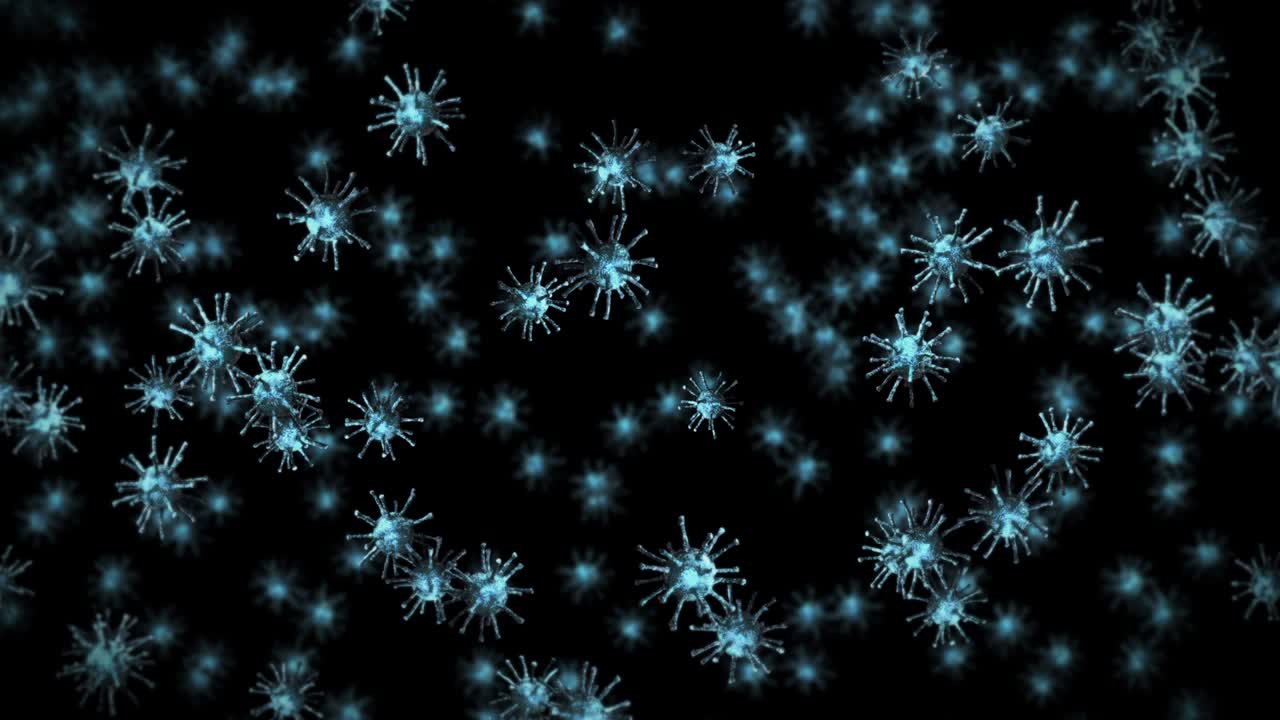 Flying many virus cells on black background. Medical concept, Microscopic illustration. 3D animation of virus molecule rotating. Loop animation.
