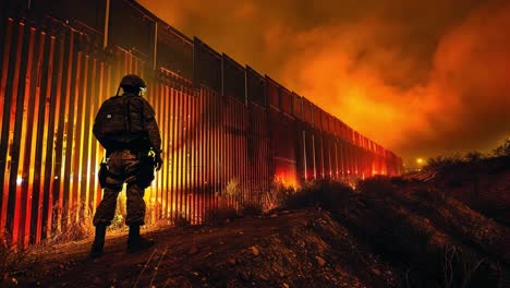 soldier guarding the border wall at night