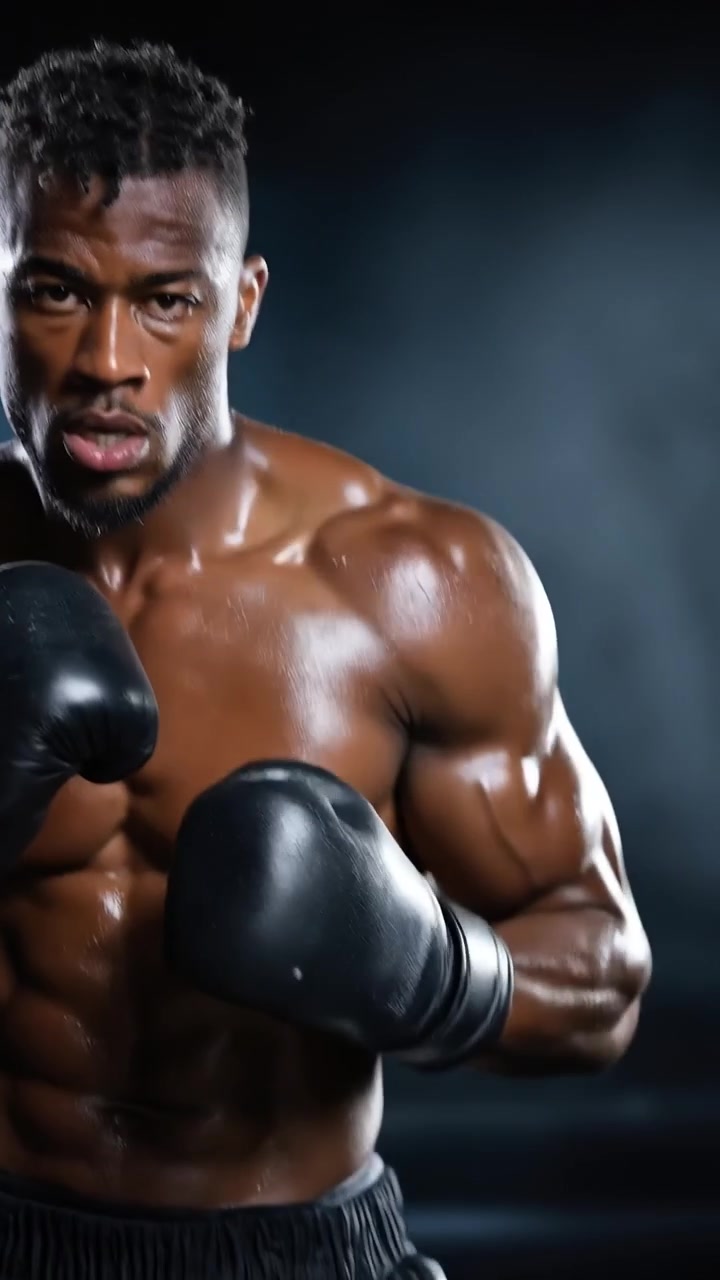 Intense male boxer throwing a powerful punch towards the camera in a dark studio setting