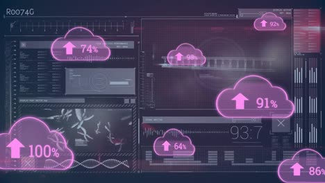 animation of cloud icons and data processing over dark background