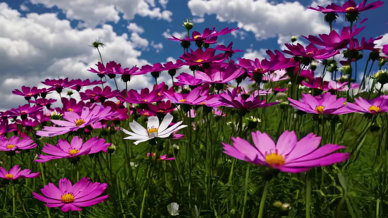 Video en contrapicado captura vibrantes flores rosas y blancas contra un cielo azul brillante con nubes