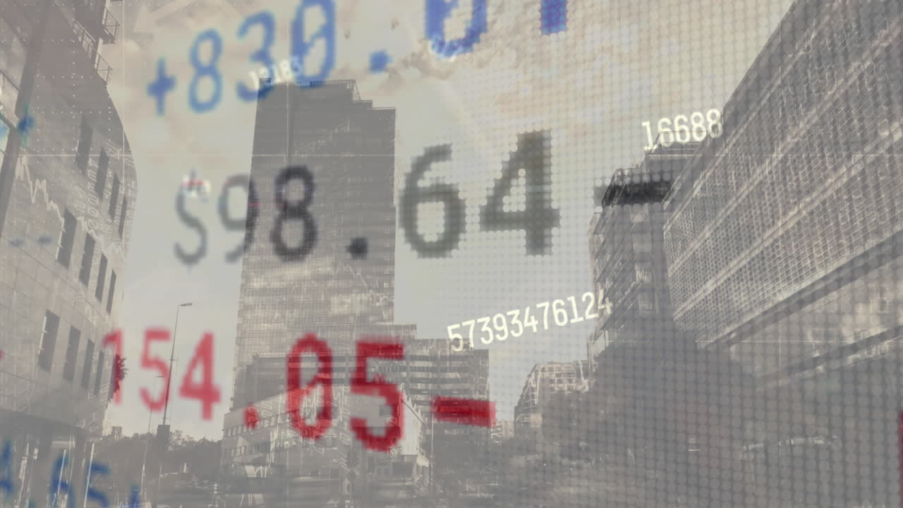 도시 풍경 위의 금융 데이터 처리 애니메이션