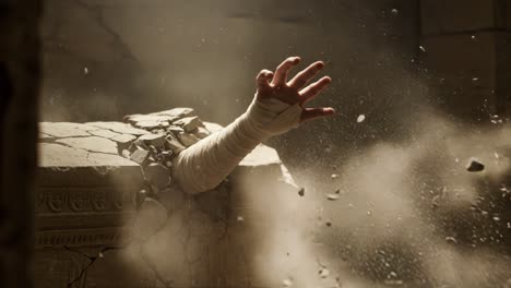 a mysterious hand emerges from a crumbling tomb, surrounded by dust and debris, signifying an epic awakening from ancient slumber