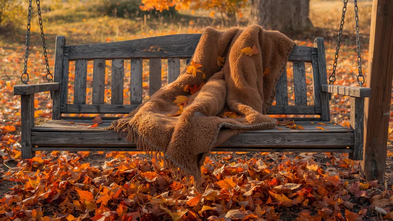 Light autumn breeze lifting leaves over porch swing hung by chains in garden, dropping onto throw