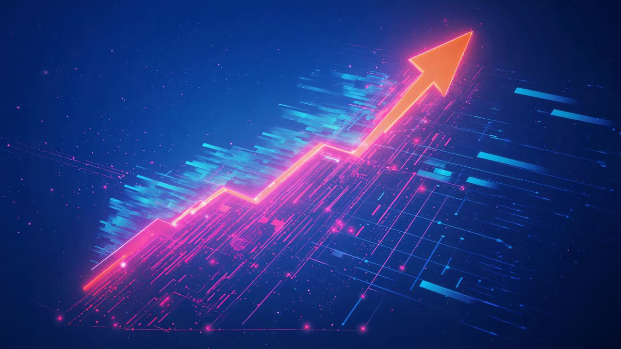 Riproduzione con linea a zigzag rosa neon con freccia arancione che sale sulla griglia, a indicare un guadagno di mercato