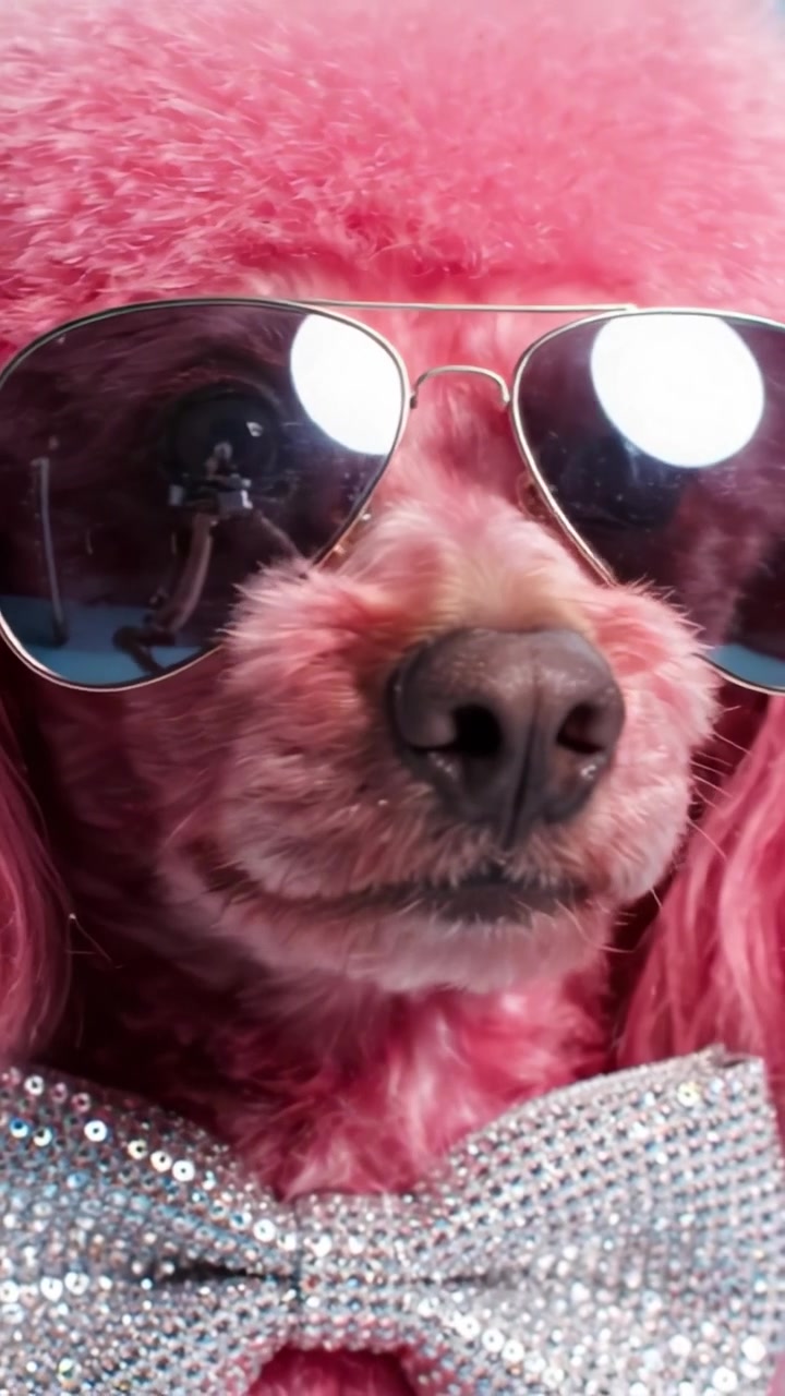 Barboncino Elegantemente Adornato Mostra una Pelliccia Rosa Unica e Accessori Glamour con Occhiali da Sole e un Papillon Scintillante su uno Sfondo Vibrante