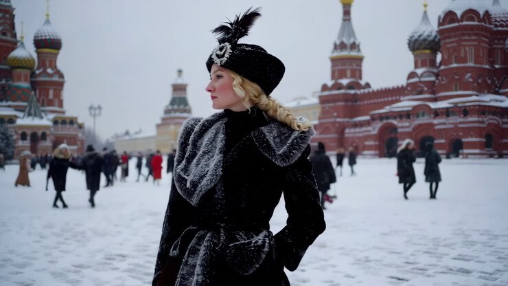 Femme vintage sur la Place Rouge de Moscou