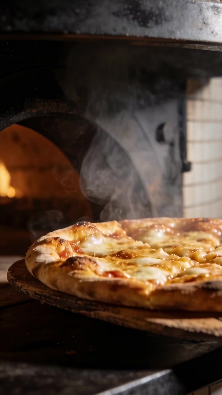 Video verticale: Fiamma incandescente del forno che riscalda una pizza sulla pala in pizzeria, con il formaggio che bolle, pronta per essere servita.