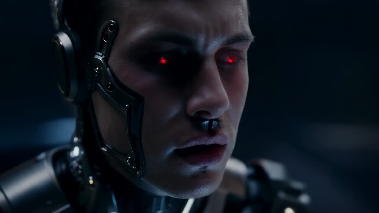 Reacting to power surge, cyborg male powering up in dark lab chamber, with glowing ocular systems