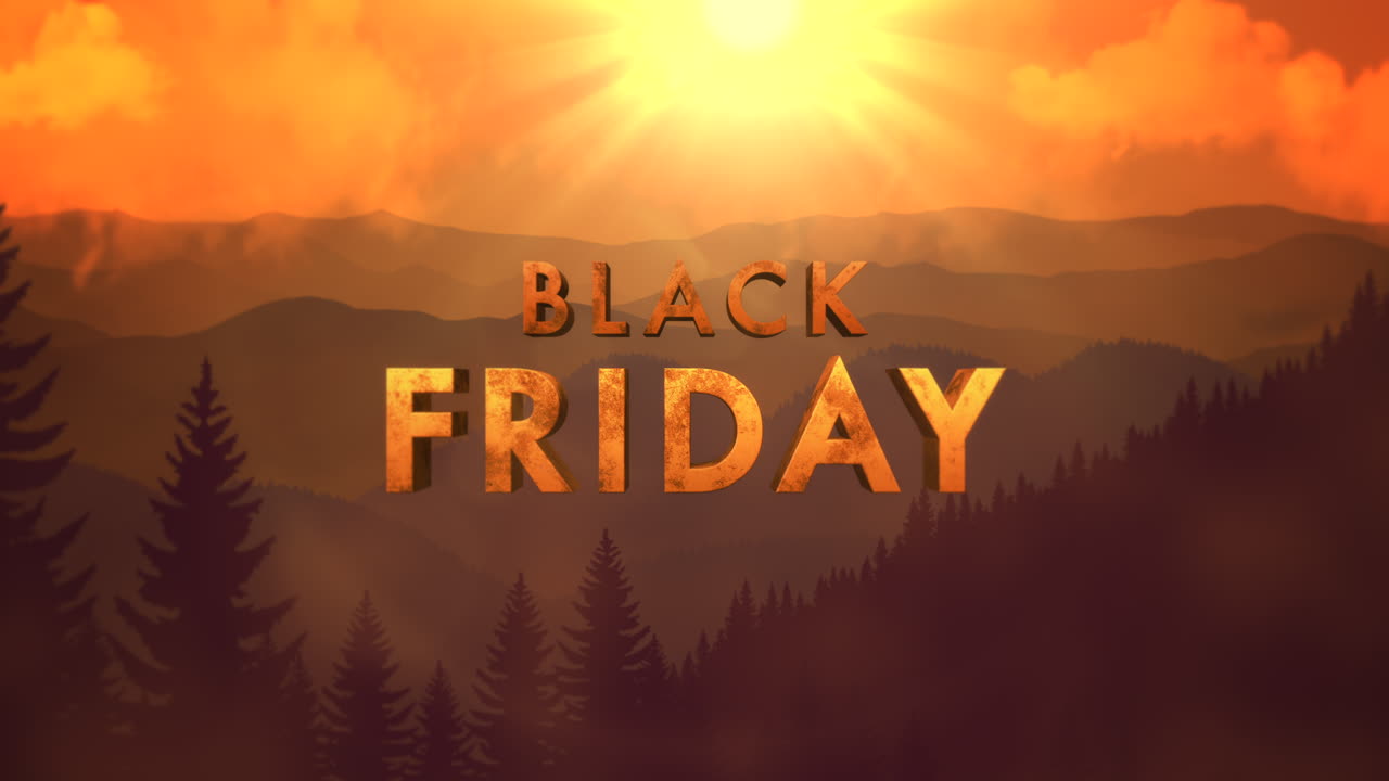 güneş ve orman ile gün batımı manzarası üzerinde siyah cuma metni