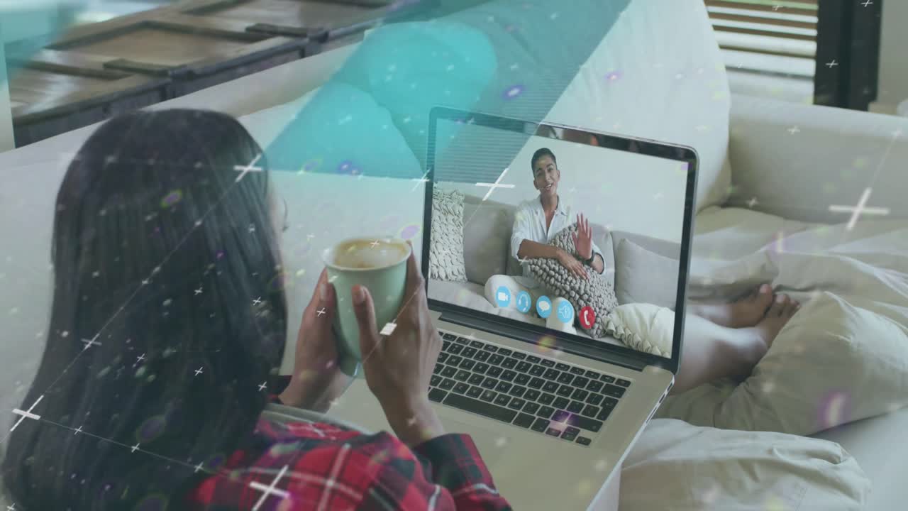 Animation of data processing over biracial businesswoman having video call