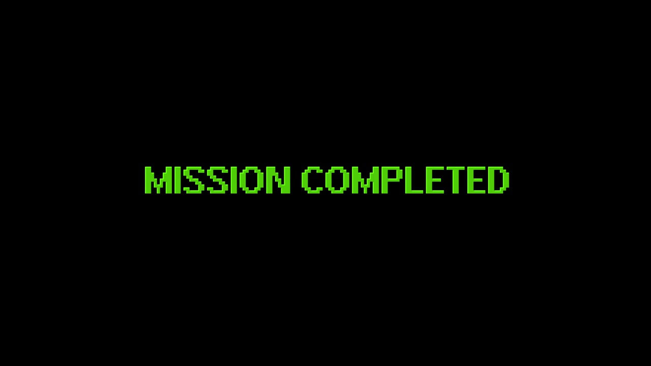 Retro Pixel Art Text Displaying Mission Completed