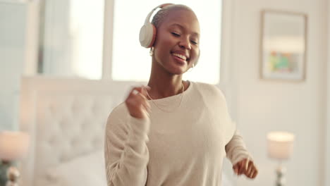 Dance,-headphones-and-black-woman-in-bedroom