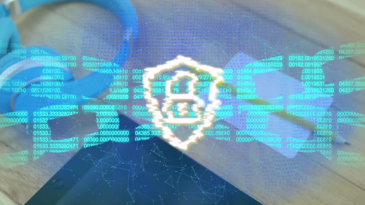 Greenish-blue data streams swirling above desk forming pulsing shield icon protecting information