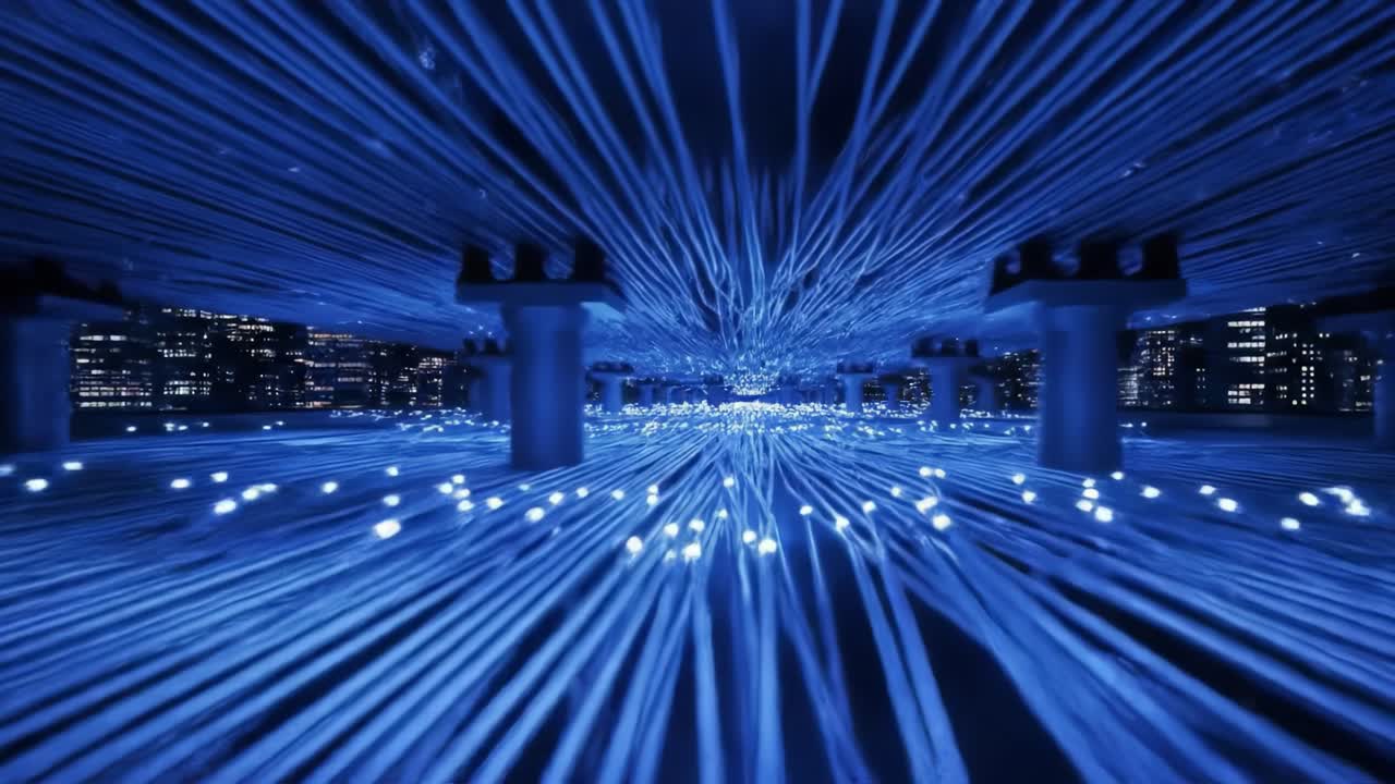 A mesmerizing display of light trails fills the dark urban landscape, with vibrant blue hues radiating throughout. The intricate patterns and designs capture the essence of nightlife.