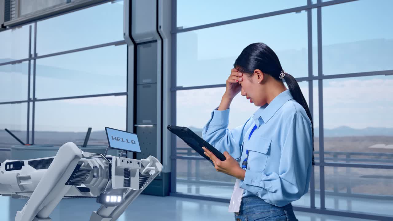 하이테크 공장에서 태블릿을 들고 서있는 아시아 여성 전문 노동자의 측면 뷰, 로 개, 실망한 상태로 확인하고 그녀의 머리를 흔들고