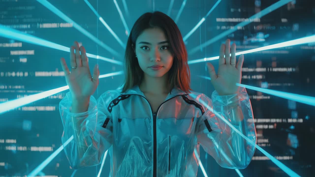 Futuristic woman in neon light with hands up