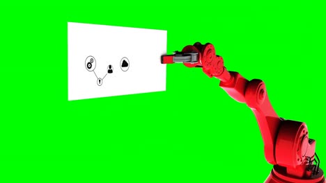 Digitally-generated-video-of-red-robotic-arm-holding-card-with-networking-icon