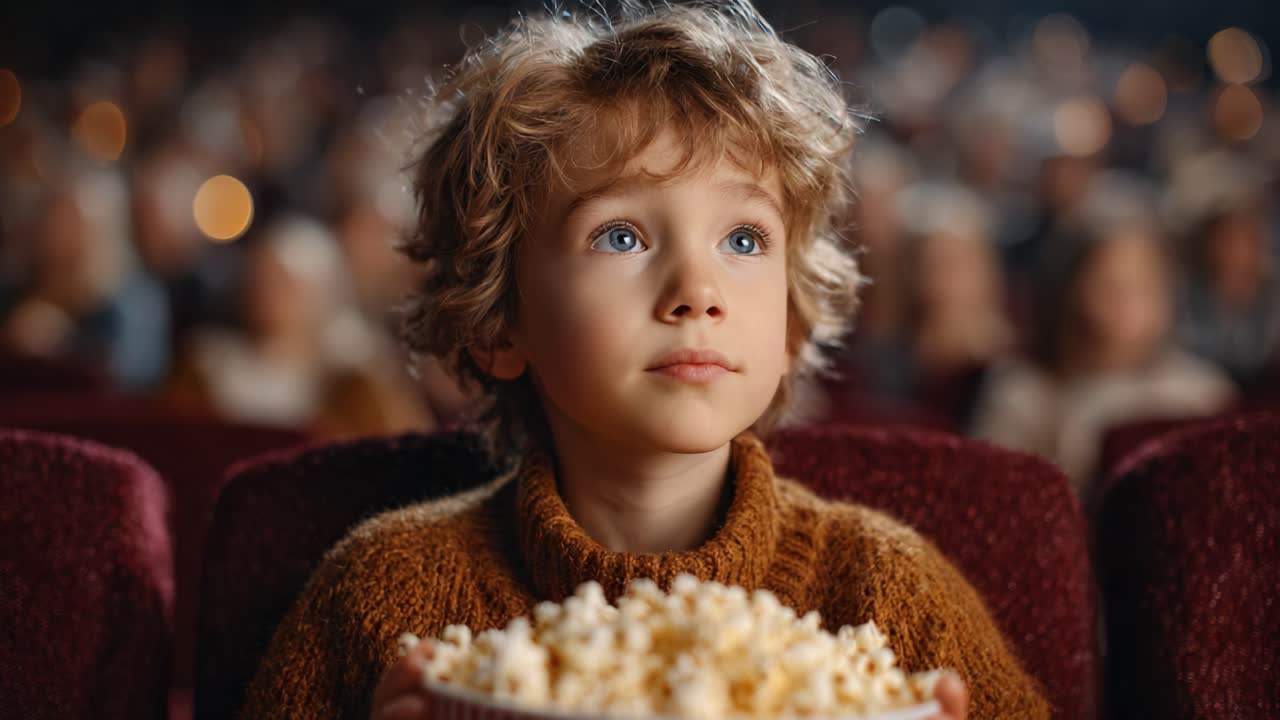 A Young Boy Engrossed in a Movie Theater Experience, Holding a Bowl of Popcorn, Capturing the Magic of Cinema and Childhood Wonder