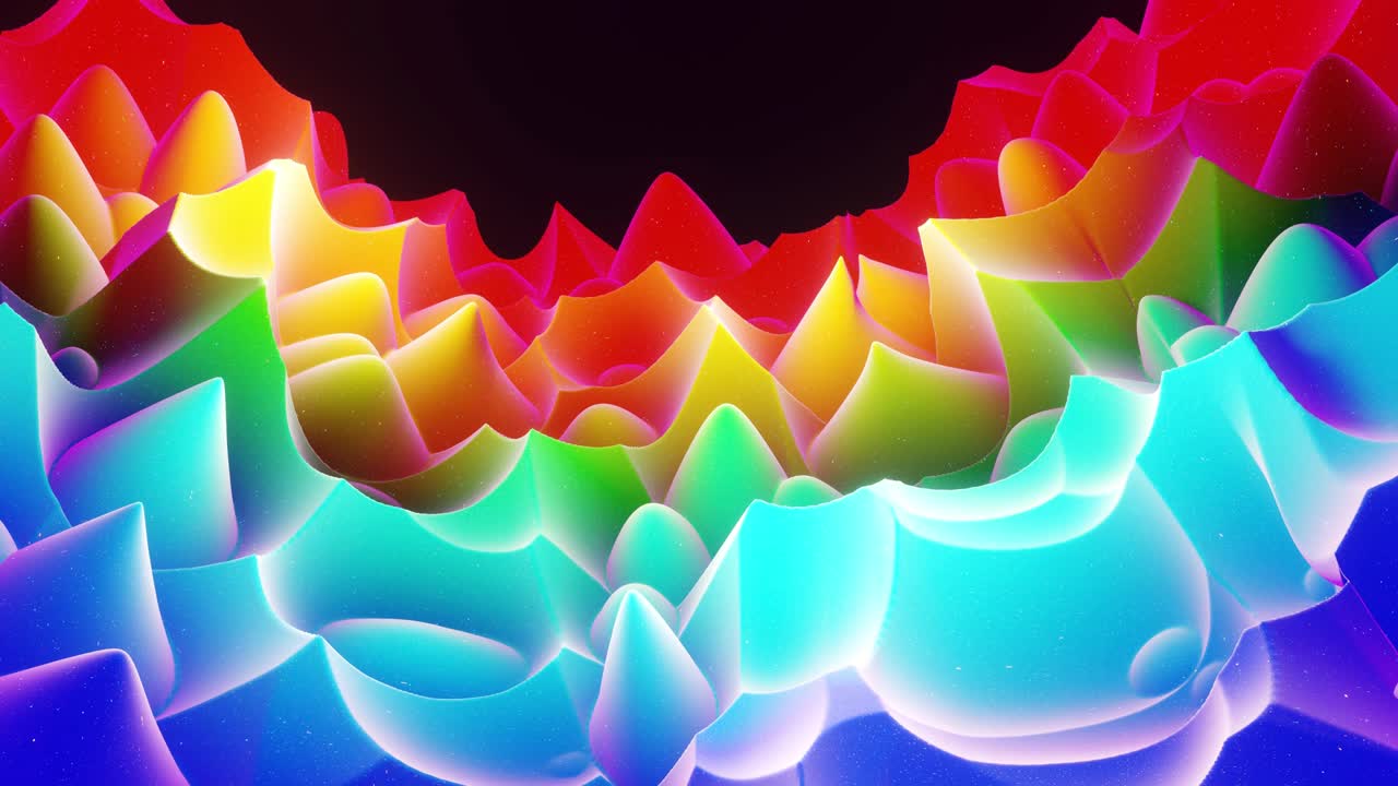 스트루드 또는 디스플레이스 파동으로 아름다운 추상적인 3d 표면은 루프로 변환됩니다. 무지개 그라디언트: 달함이나 마말라드와 같은 부드러운 매트 재료, 가운 내부 빛, 모핑 표면에서 반이는.