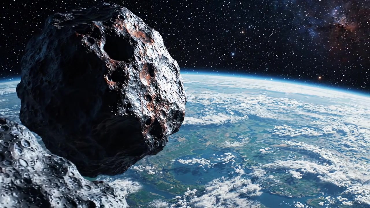 Una vista mozzafiato di un asteroide che si libra vicino alla Terra, catturando la bellezza dello spazio con il terreno del pianeta e un profondo sfondo stellato.
