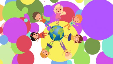 animation of diverse children and globe icon on white background