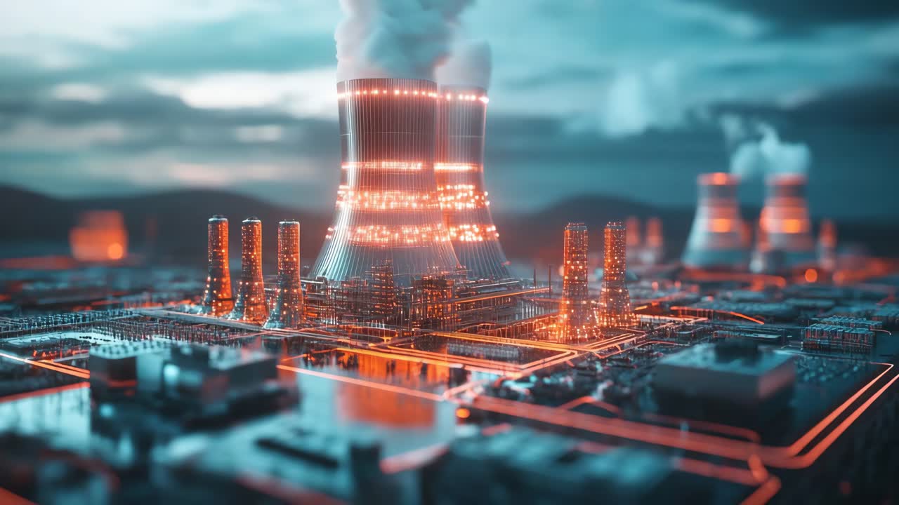 Futuristinen ydinvoimala auringonlaskussa
