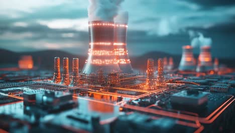 planta de energía nuclear futurista al atardecer