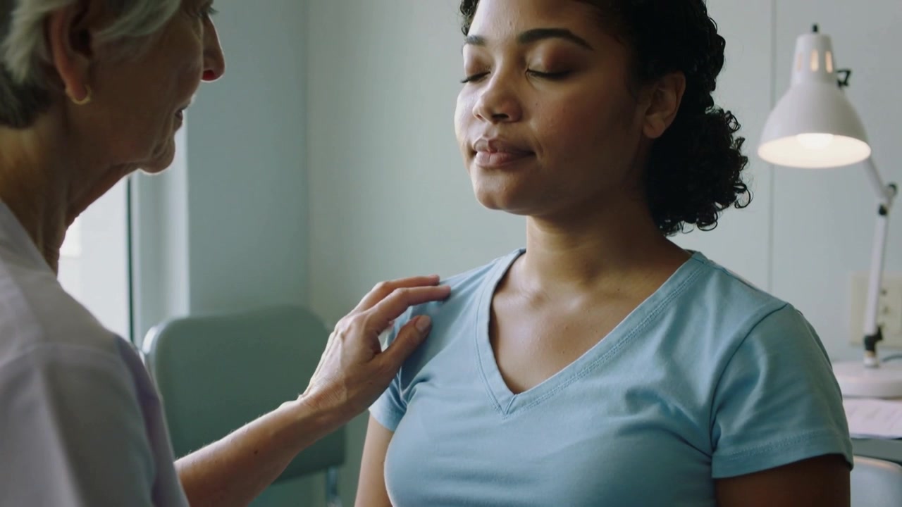 Placing hand on shoulder, senior provider calming seated pregnant woman in clinic in blue V-neck