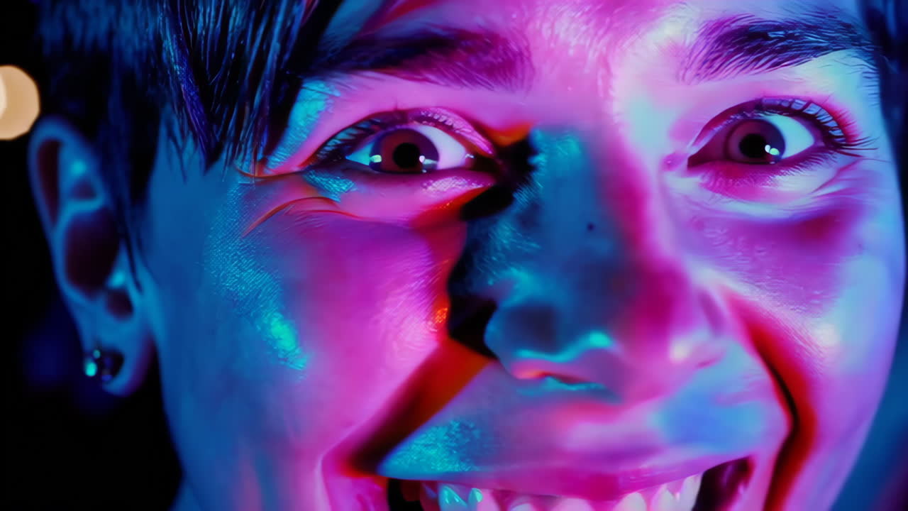 Close-up of a person with vibrant colorful lighting and extreme expression.