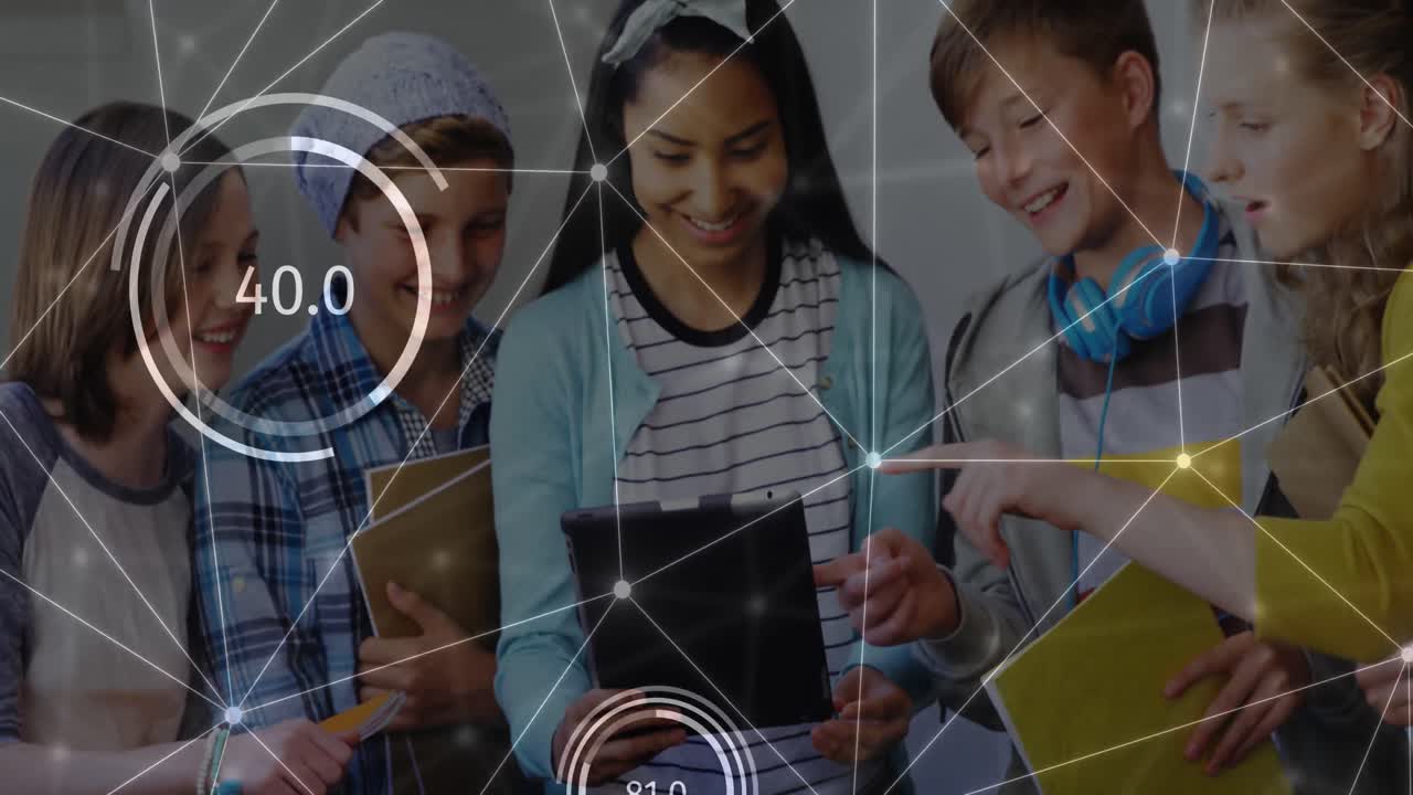animación de datos y red de conexiones entre diversos escolares que utilizan tabletas