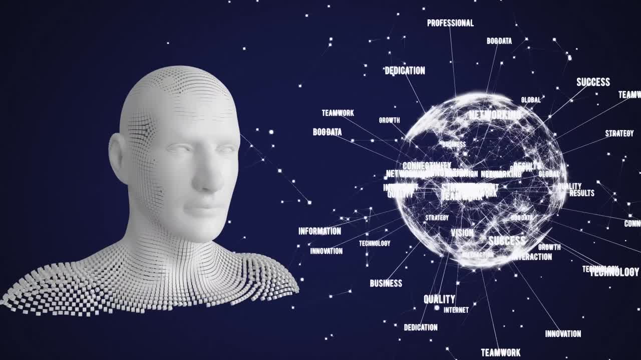 animación de un busto humano hecho de partículas grises y procesamiento de datos de giro del globo sobre fondo azul