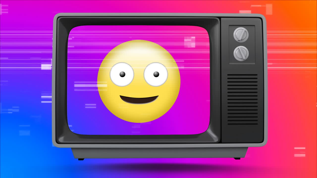 Post de TV antigo mostrando um emoji divertido contra um fundo multicolorido com a TV chiando.