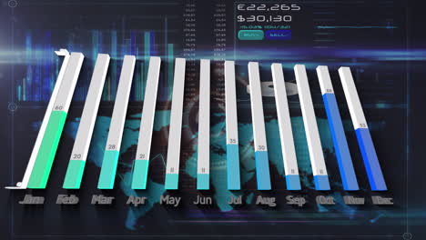 Animation of statistical data processing over interface with data processing on blue background