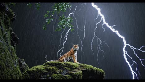 un tigre en una jungla tormentosa