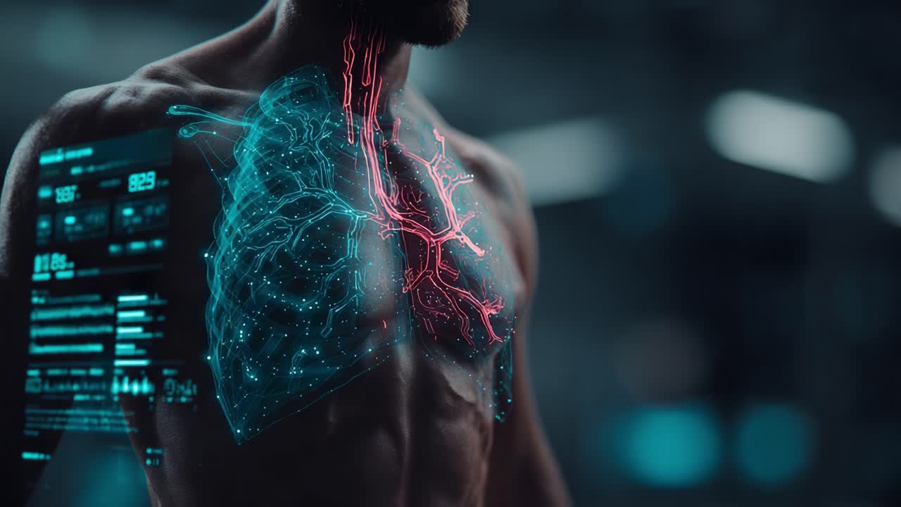 Una visualizzazione dettagliata dell'anatomia umana incentrata sui polmoni, con grafiche dinamiche che illustrano la struttura respiratoria e il monitoraggio dei segni vitali.