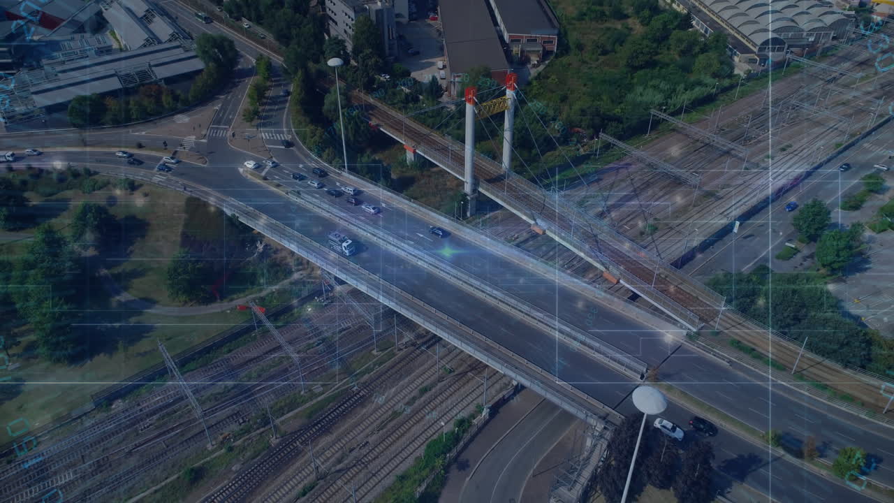 Digital network connections overlaying traffic and railway on bridge, aerial view
