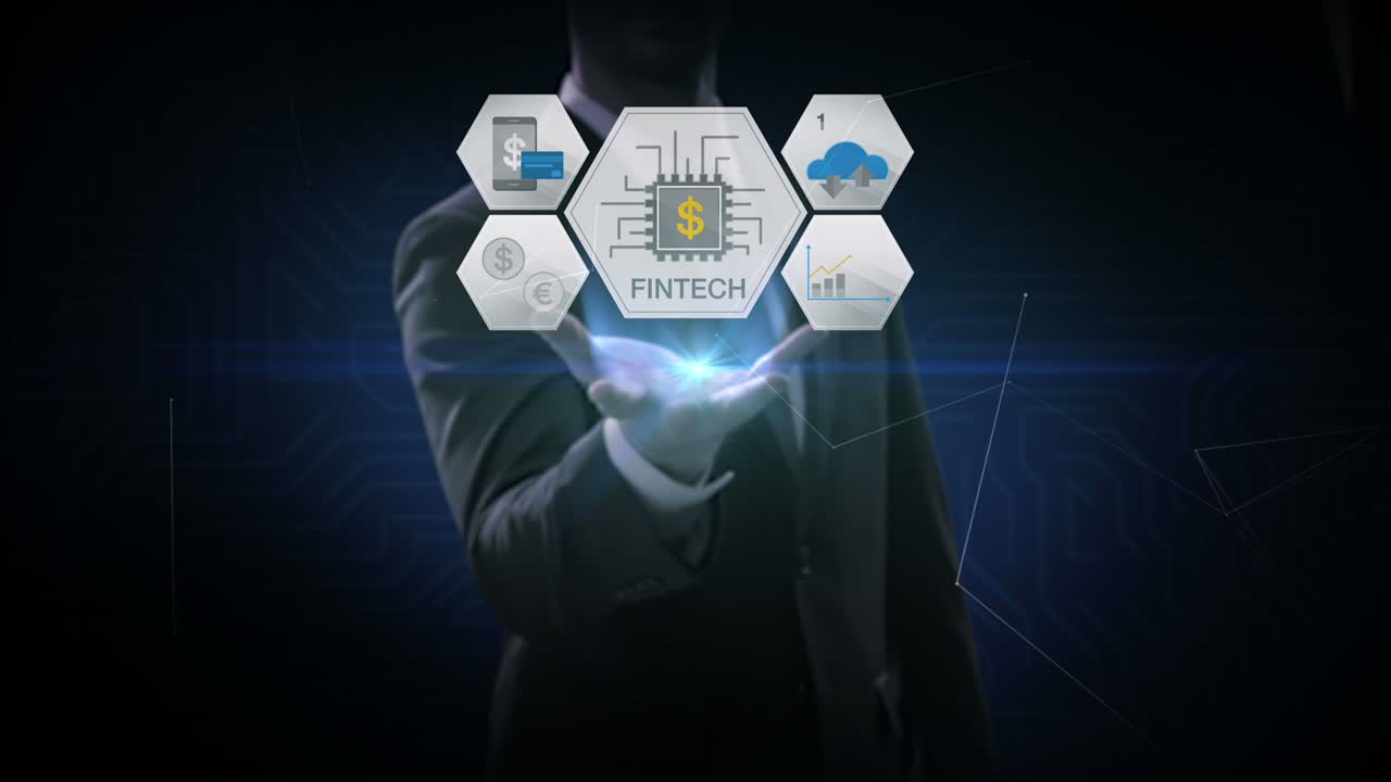 Businessman opens palm, Fin-tech icon and various graph. Futuristic financial technology. 4k movie. version 2.
