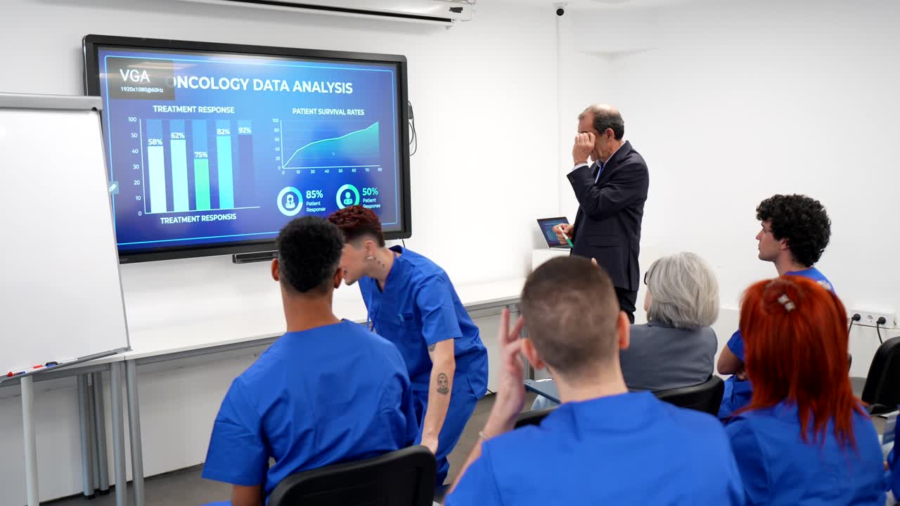 Medical Professor Presents Oncology Data Analysis to Students in Classroom