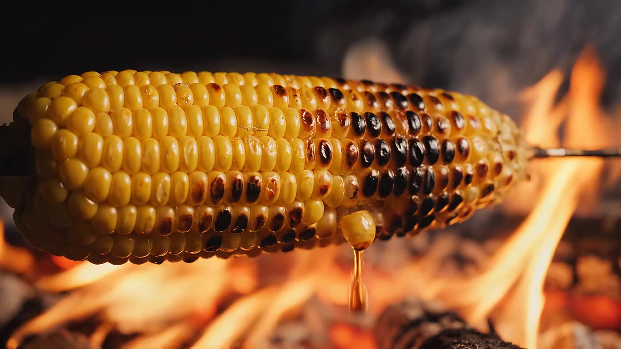 Corn Cob Roasting Over An Open Flaming Fire