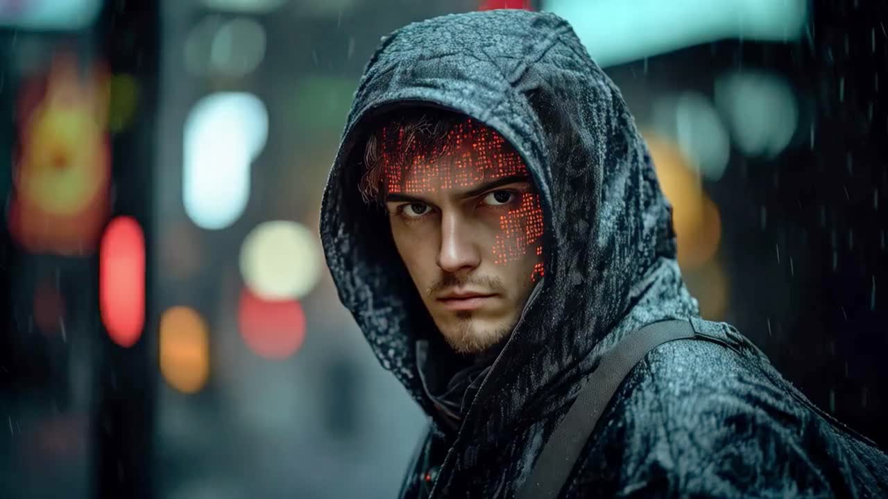 A man in a hoodie with a digital face in a futuristic setting