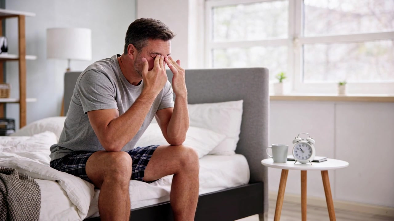Un uomo in maglietta grigia si sveglia alla luce del mattino, strofinandosi il ponte del naso accanto al letto, con una sveglia.