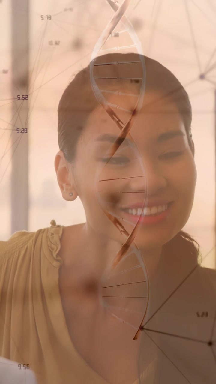 Vertical video: Woman reading white pad lifting head smiling, DNA helix overlaying face for health