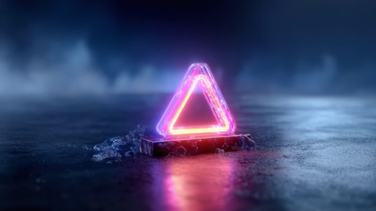 A mesmerizing neon triangle symbol radiates vibrant colors in a misty, moody environment, evoking a sense of intrigue and modernity in a visually stunning display